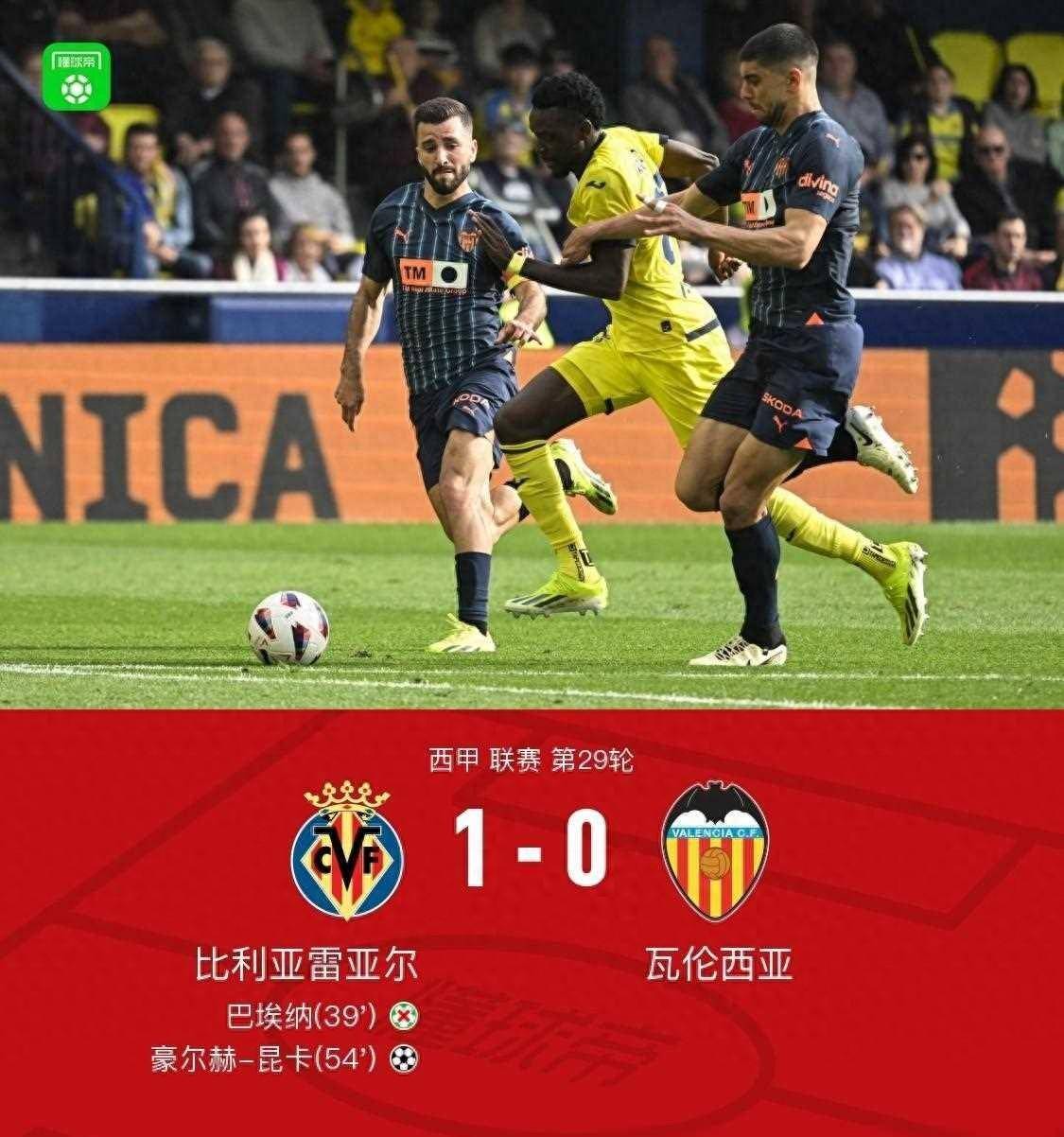 比利亚雷亚尔后卫出现失误，导致进球